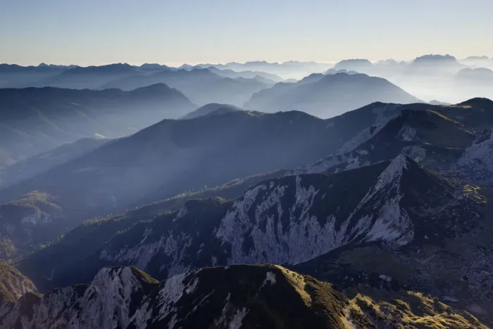 Framed Print : Mountain ridges with backlighting, seen from Hochiss Mountain in Rofan, Maurach, Tyrol, Austria