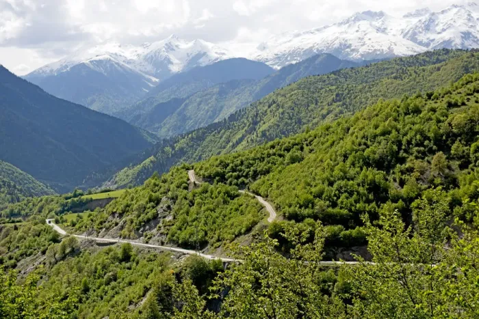 Framed Print : Mountain road at Mount Ushba in the Caucasus of Georgia Framed Print : Mountain road at Mount Ushba in the Caucasus of Georgia
