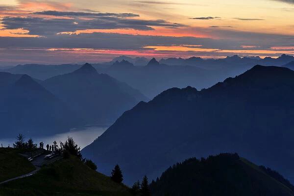 Mountain silhouette, with Kleiner Mythen and Grosser Mythen mountains at the rear, Stanserhorn, Switzerland, Europe