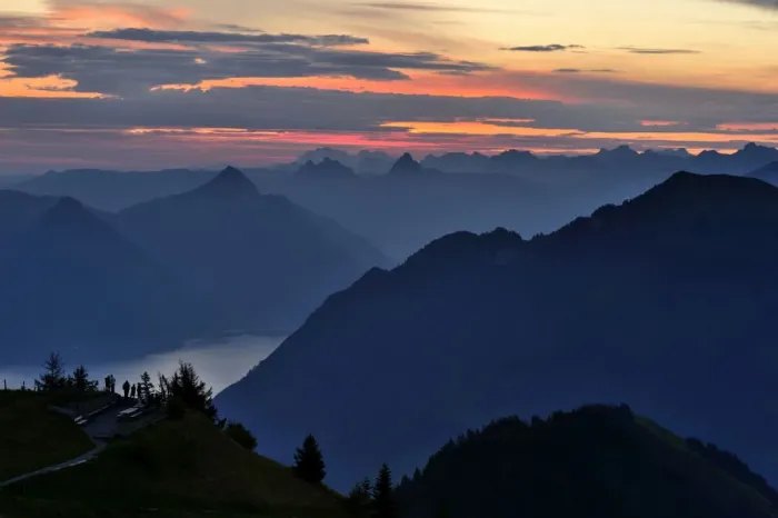Framed Print : Mountain silhouette, with Kleiner Mythen and Grosser Mythen mountains at the rear, Stanserhorn, Switzerland, Europe