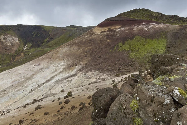 Mountain slope in the Seltun geothermal area near Krysuvik or Krisuvik, Reykjanesskagi, Southern Peninsula or Reykjanes, Iceland