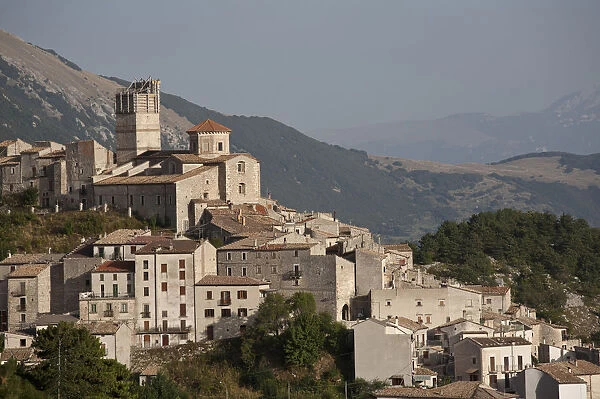Mountain village of Castel del Monte with scaffolded tower after earthquake in 2009, LAquila, Italy, Europe