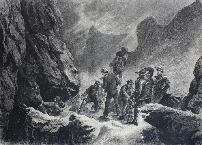 Framed Print : Mountaineer roping out in a chimney, difficult situation in the mountains, 1880, Switzerland, Historic, digitally restored reproduction of an original 19th century painting Framed Print : Mountaineer roping out in a chimney, difficult situation in the mountains, 1880, Switzerland, Historic, digitally restored reproduction of an original 19th century painting