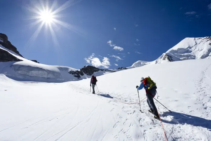 Framed Print : Mountaineers during the ascent of Mt Piz Palue, summit of Mt Piz Palue at back, Grisons, Switzerland, Europe