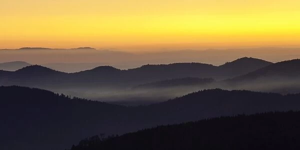 Mountains in evening light, view from Feldberg mountain to the Rhine Valley, atmospheric inversion, Black Forest, Baden-Wurttemberg, Germany