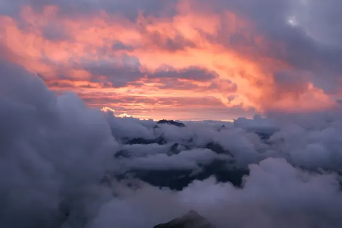 Framed Print : Mountains shrouded in clouds at sunset, Arlberg, Vorarlberg, Austria, Europe