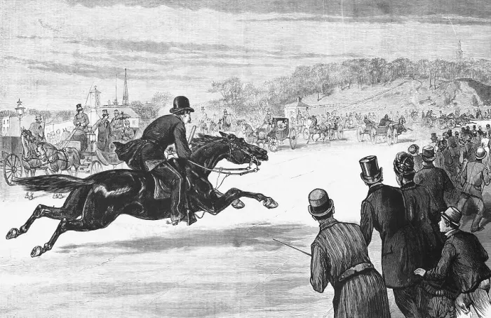 Framed Print : Mounted Police Man Chasing Speeding Carriage