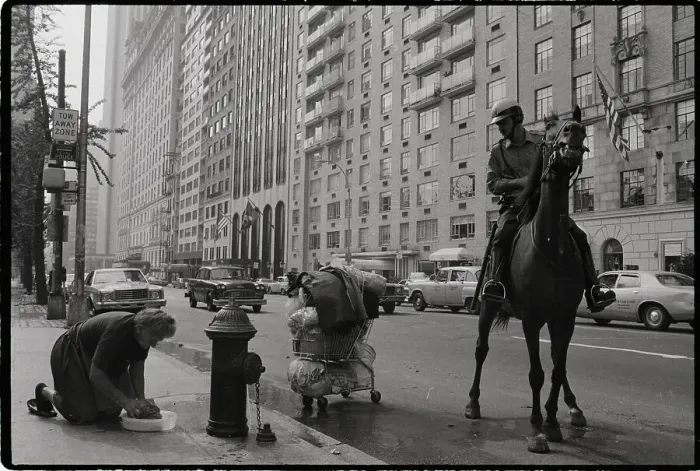Framed Print : Mounted Policeman Watching Old Woman Framed Print : Mounted Policeman Watching Old Woman