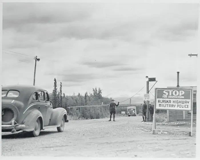 Framed Print : Mountie Stopping a Car on the Alaska Highway Framed Print : Mountie Stopping a Car on the Alaska Highway