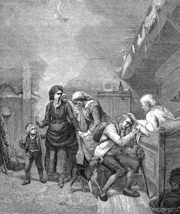 Framed Print : Mourning and Farewell, Family says goodbye to their old grandfather sitting on his deathbed, 1890, France, Historic, digitally restored reproduction of an original 19th-century painting Framed Print : Mourning and Farewell, Family says goodbye to their old grandfather sitting on his deathbed, 1890, France, Historic, digitally restored reproduction of an original 19th-century painting