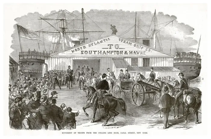 Framed Print : Movement of Troops from the Collins Line Dock, Canal Street, New York, Civil War Engraving Framed Print : Movement of Troops from the Collins Line Dock, Canal Street, New York, Civil War Engraving