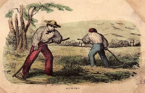Mowers. circa 1800: Farm worker mowing grass with scythes at haytime