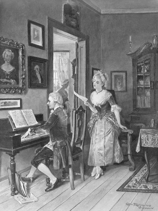 Framed Print : Mozart Playing Piano for Young Songstress Framed Print : Mozart Playing Piano for Young Songstress