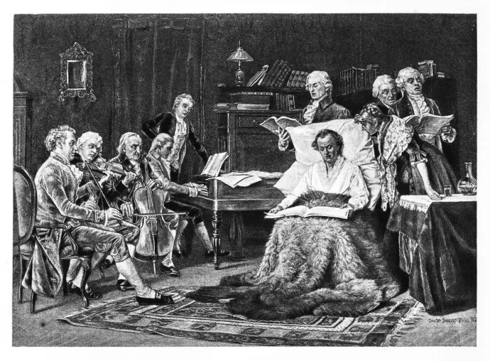 Framed Print : Mozart Singing His Requiem engraving 1894 Framed Print : Mozart Singing His Requiem engraving 1894