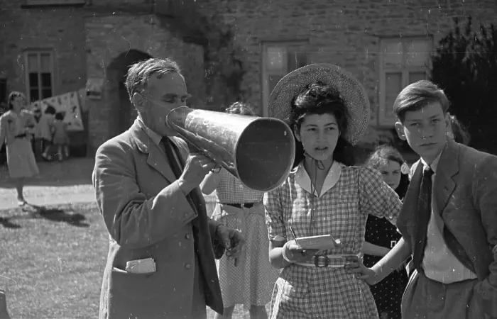 Framed Print : Mr Beaky. 12th June 1943: A man with a loudhailer at Dartington Hall Foundation Framed Print : Mr Beaky. 12th June 1943: A man with a loudhailer at Dartington Hall Foundation