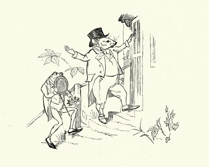 Framed Print : Mr Frog and Mr Rat arrive at Mouseys Hall, Nursery rhyme Framed Print : Mr Frog and Mr Rat arrive at Mouseys Hall, Nursery rhyme