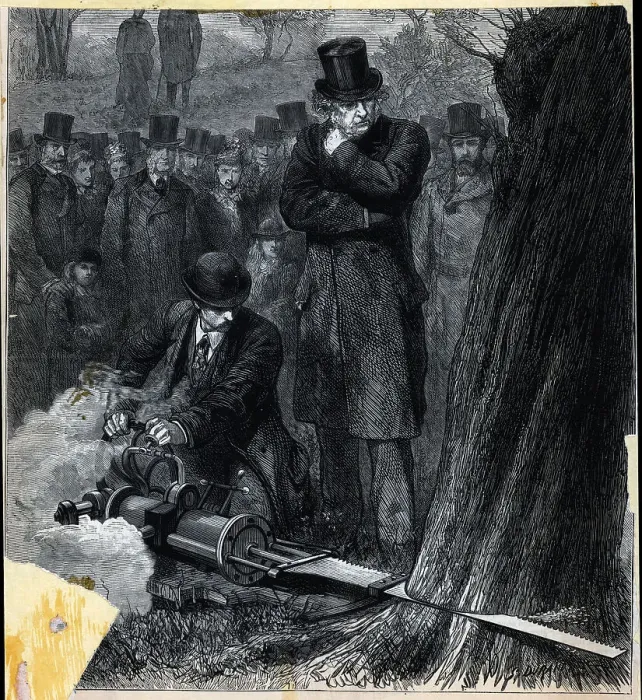 Framed Print : Mr. Gladstone Watching Man Saw with Machine Framed Print : Mr. Gladstone Watching Man Saw with Machine