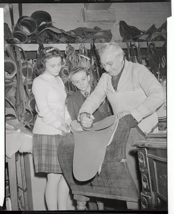 Framed Print : Mr Kauffmann Demonstrating Saddle Making Framed Print : Mr Kauffmann Demonstrating Saddle Making