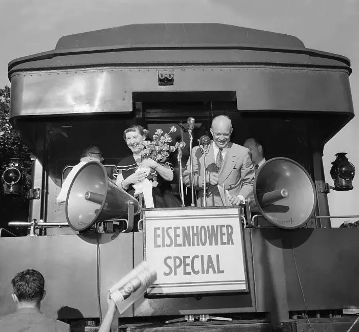 Framed Print : Mr. and Mrs. Eisenhower on Back of Train Framed Print : Mr. and Mrs. Eisenhower on Back of Train