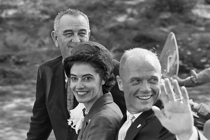 Framed Print : Mr. and Mrs. John Glenn Waving with Vice President Lyndon Johnson Framed Print : Mr. and Mrs. John Glenn Waving with Vice President Lyndon Johnson