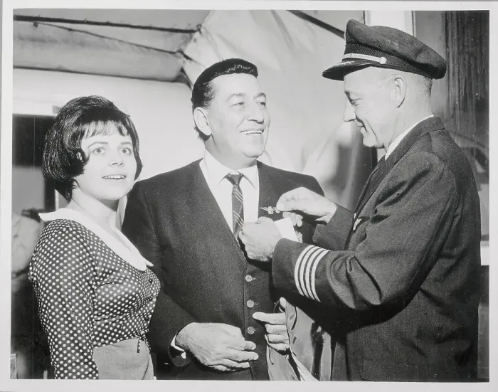 Framed Print : Mr. and Mrs. Louis Prima Talking with Airline Captain Framed Print : Mr. and Mrs. Louis Prima Talking with Airline Captain