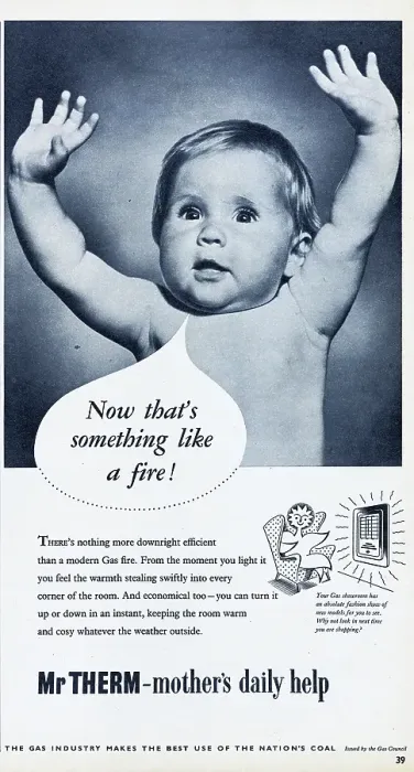 Framed Print : Mr Therm. 1956: A baby raising his arms with the caption Now that's something like a fire Framed Print : Mr Therm. 1956: A baby raising his arms with the caption Now that's something like a fire