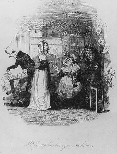 Mrs Gamp. circa 1843: Mrs Gamp has her eye on the future