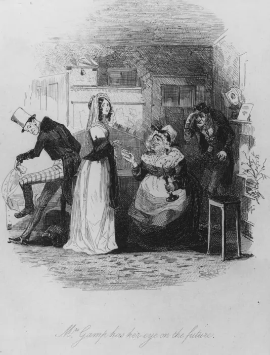 Framed Print : Mrs Gamp. circa 1843: Mrs Gamp has her eye on the future Framed Print : Mrs Gamp. circa 1843: Mrs Gamp has her eye on the future