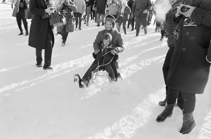 Framed Print : Mrs. John F. Kennedy and John Sledding Framed Print : Mrs. John F. Kennedy and John Sledding