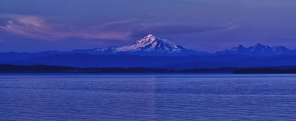 Mt Baker and Cascade Range at dusk, Orcas Island, San Juan Island, Puget Sound, Washington State, USA