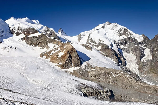 Mt Bernina summit with Biancograt ridge, Bellavista, left, view during the ascent to Mt Piz Palue, Pers Glacier at front, Grisons, Switzerland, Europe