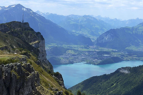 Mt Niederhorn with Lake Thun and the town of Thun, Beatenberg municipality, Bernese Oberland, Switzerland, Europe