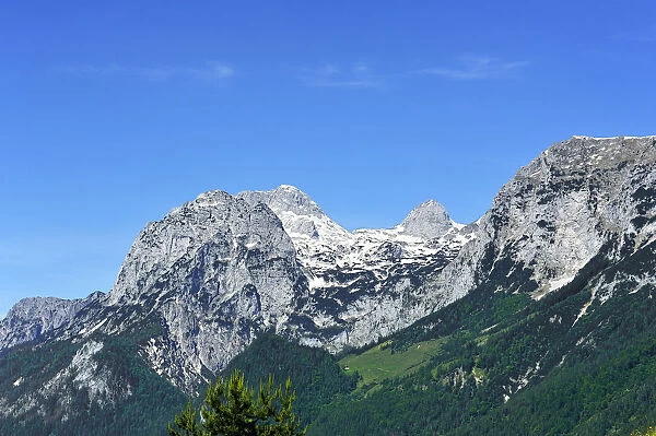 Mt Reiter Alpe with remaining snow, Ramsau bei Berchtesgaden, Berchtesgadener Land District, Upper Bavaria, Bavaria, Germany