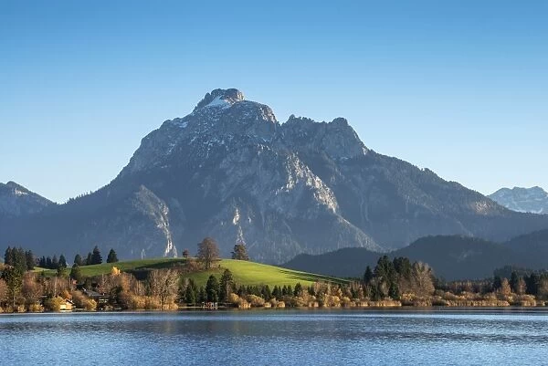 Mt Saeuling, 2047m, Ammergau Alps, at front Hopfensee Lake near Fuessen, Ostallgaeu region, Allgaeu, Bavaria, Germany, Europe