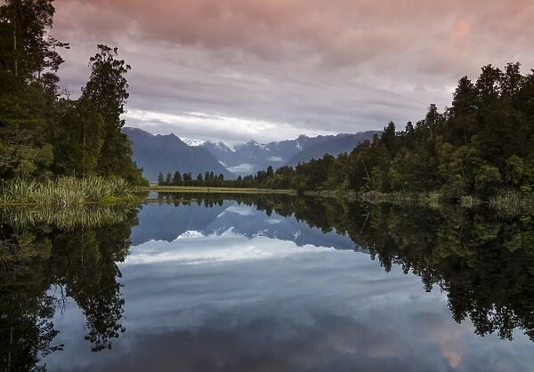 Mt. Tasman and Mt. Cook, Aoraki, reflection in Lake Matheson, Mt. Cook National Park, Westland National Park, Southern Alps, South Island, New Zealand