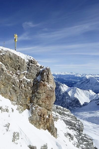 Mt. Zugspitze, 2962m, with the summit cross restored in 2009, Wettersteingebirge mountains, Werdenfels, Upper Bavaria, Bavaria, Germany, Europe