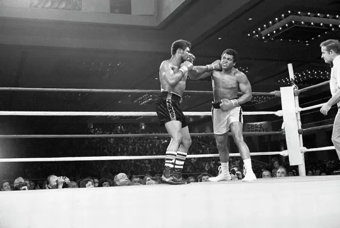 Framed Print : Muhammad Ali & Leon Spinks Exchange Punc