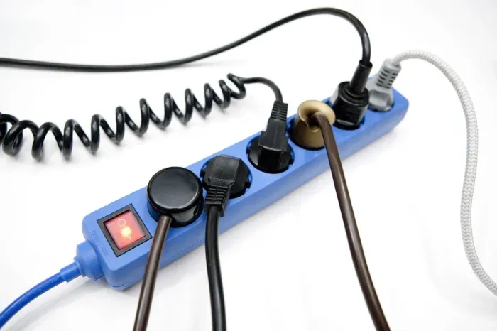 Framed Print : Multi-plug power strip with plugs and cables Framed Print : Multi-plug power strip with plugs and cables