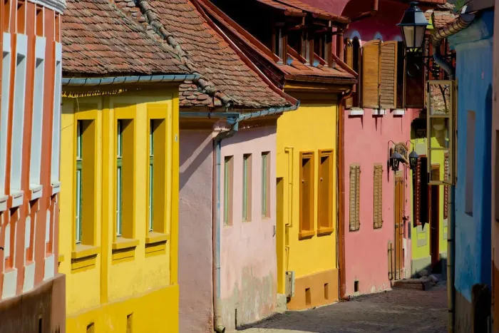 Framed Print : Multicolored street in Sighisoara, Transylvania Framed Print : Multicolored street in Sighisoara, Transylvania