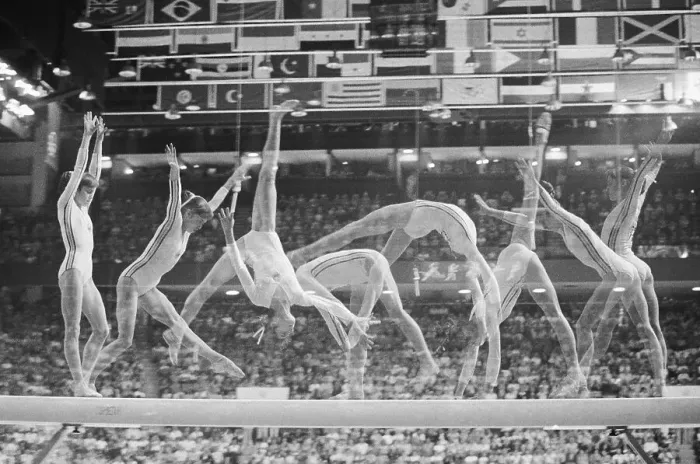 Framed Print : Multiple Exposure of Nadia Comaneci on Beam Framed Print : Multiple Exposure of Nadia Comaneci on Beam
