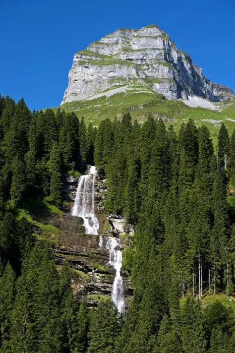 Framed Print : Muota waterfall underneath Mt Apler Stock, Sali, Bisistal Valley, Canton of Schwyz, Switzerland