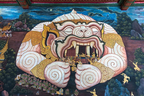 Mural scene of the Ramayana surrounding on the wall in Wat Phra Kaew, Bangkok, Thailand
