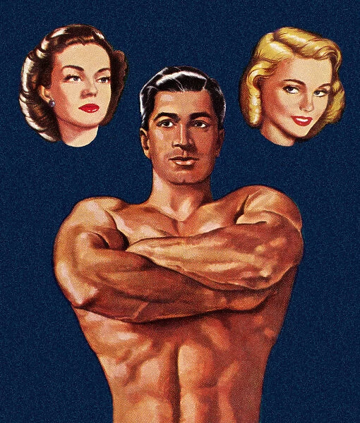 Muscle Man Thinking About Two Women