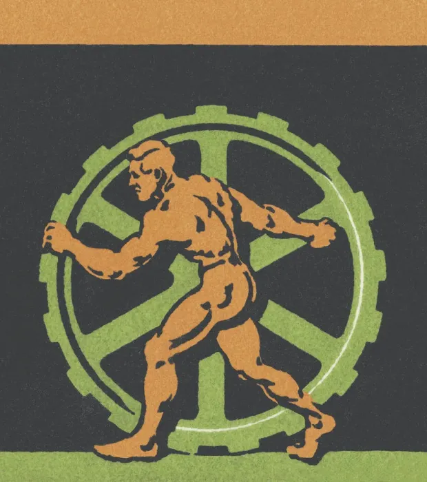 Framed Print : Muscular Man Turning a Large Gear Framed Print : Muscular Man Turning a Large Gear