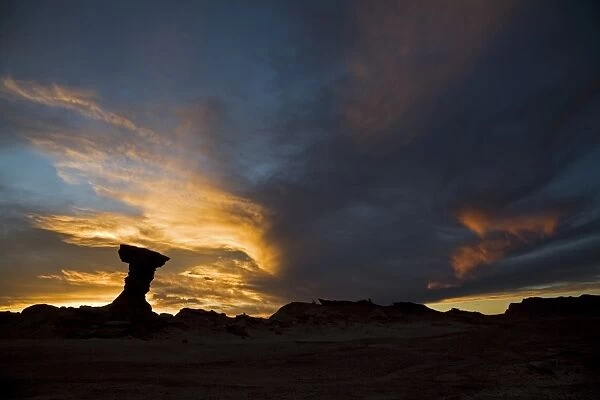 Mushroom rock El Hongo at sundown, National Park Parque Provincial Ischigualasto, Central Andes, Argentina, South America