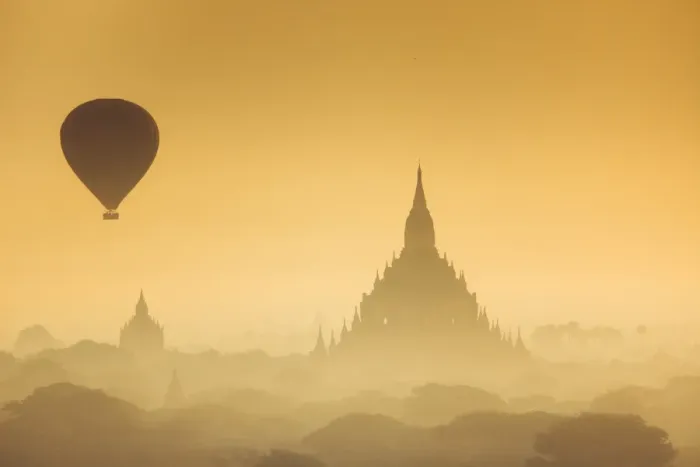 Framed Print : Myanmar, Bagan, air balloon flying over temples Framed Print : Myanmar, Bagan, air balloon flying over temples