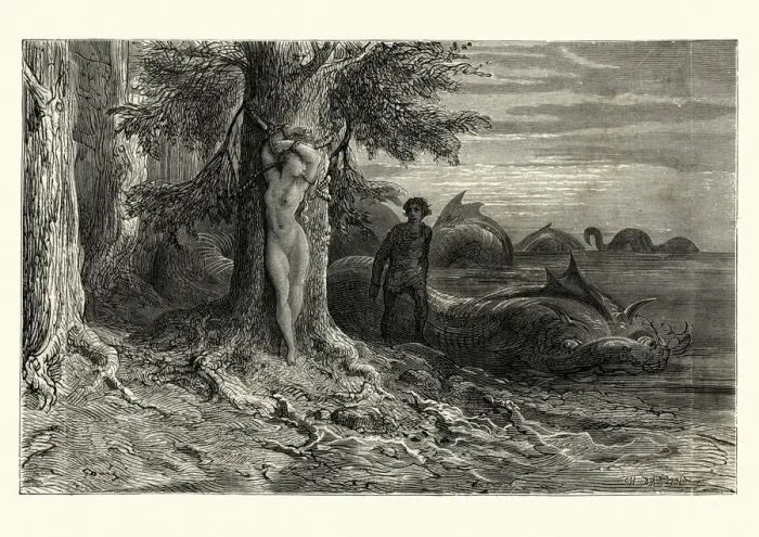 Framed Print : Mythology, Hero rescuing the maiden from sea monster. Orlando Furioso Framed Print : Mythology, Hero rescuing the maiden from sea monster. Orlando Furioso