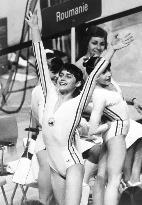 Framed Print : Nadia Comaneci Celebrating at Olympics