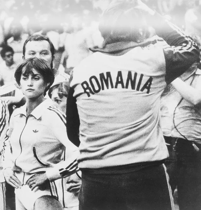 Framed Print : Nadia Comaneci and Coach Reacting in Disbelief Framed Print : Nadia Comaneci and Coach Reacting in Disbelief