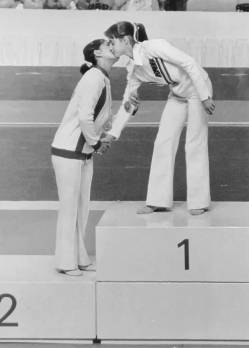 Framed Print : Nadia Comaneci Being Kissed by Nelli Kim during Olympic Events